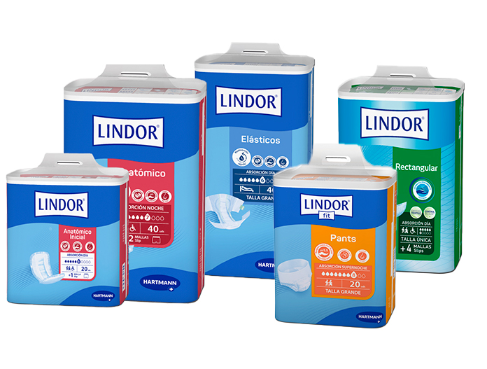 Tipos de absorbentes ofrecidos por Lindor para los diferentes niveles de incontinencia urinaria