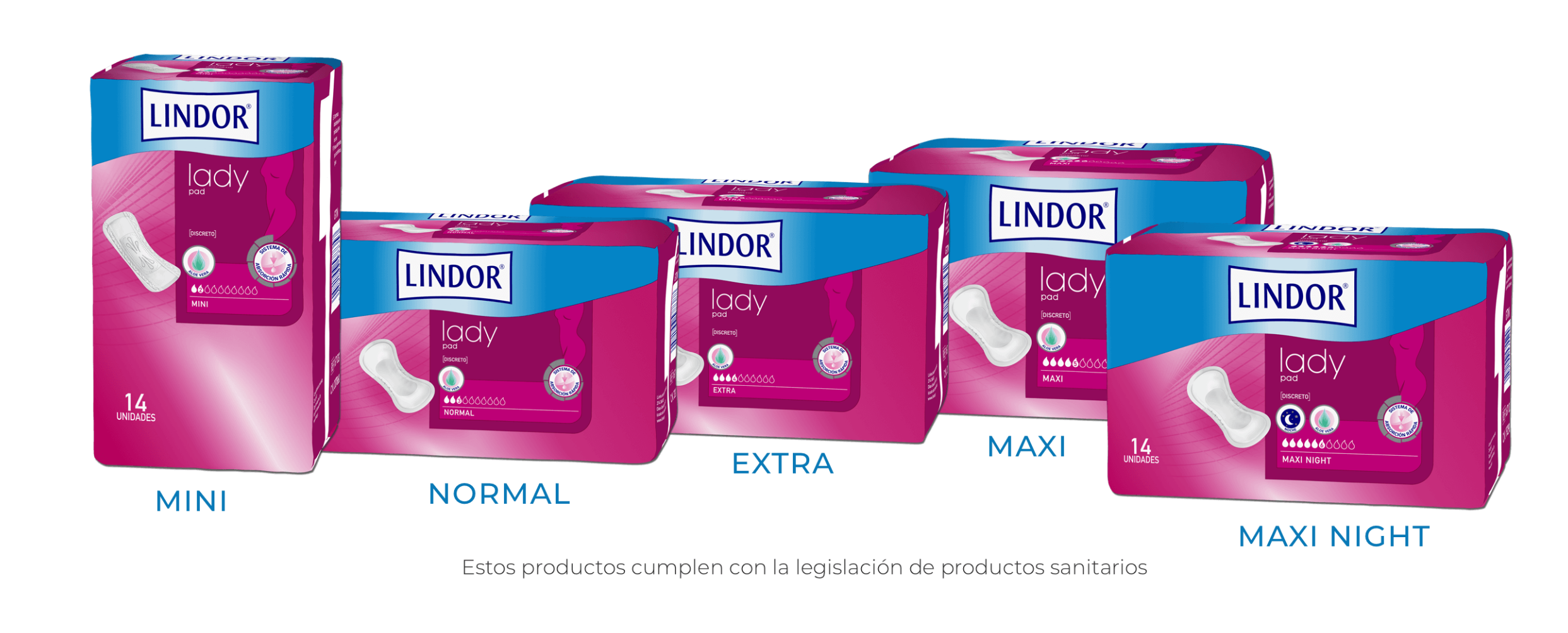 Gama de compresas Lindor Lady para la incontinencia urinaria en mujeres, formato mini, normal, extra, maxi y maxi night