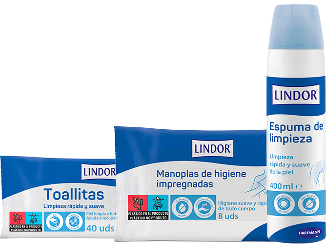 Productos para la higiene personal de adultos con pérdidas de orina: Toallitas, manoplas y espuma de limpieza - Lindor