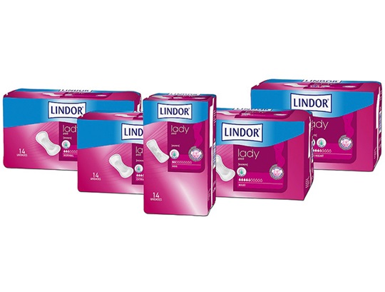 Tipos de compresas Lindor Lady para la incontinencia urinaria en mujeres, formato mini, normal, extra, maxi y maxi night